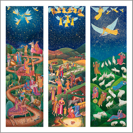 Advent Triptych poster by John August Swanson - for A Thrill of Hope DVD featuring Epiphany, Nativity and Shepherds - for sale at the Eyekons Gallery The Advent Triptych poster by John August Swanson for A Thrill of Hope DVD, features his serigraphs of Epiphany, Nativity and Shepherds and beautifully illustrates the Christmas story. The John August Swanson Advent poster is for sale from Eyekons Gallery, www.eyekons.com.