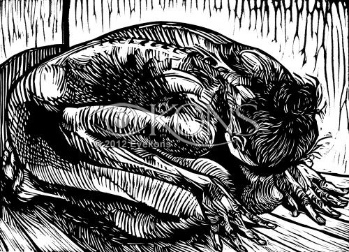 Prayer Corner, a linocut / woodcut by Steve Prince from his series Icarus Avenue