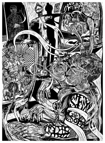 The Prodigal Appetite: Halloo 1, a linocut  / woodcut by Steve Prince from his Prodigal Son Triptych. 