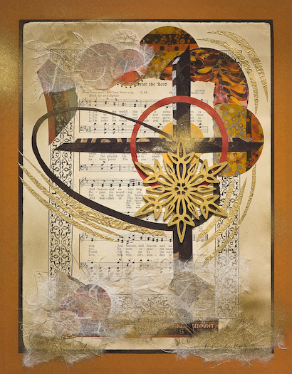 Joy to the World - Psalm 98 | Mixed Media Collage by Harriet VanderMeer | Art + Psalms Exhibit | Calvin Symposium on Worship 2012 Joy to the World - Psalm 98 is mixed media collage by Harriet VanderMeer from the Art + Psalms Exhibit featured at the 2012 Calvin Symposium on Worship. The collage Joy to the World by Harriet VanderMeer, along with the other art from the exhibit is offered to churches in the Art + Psalms CD Collection. The images are formatted for use as powerpoint, sermon illustrations and bulletin covers. The Art + Psalms CD Collection is available through Eyekons Church Image Bank.