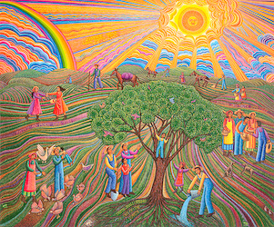 Psalm 85 is a serigraph by John August Swanson from the Art + Psalms Exhibit featured at the 2012 Calvin Symposium on Worship. The serigraph Psalm 85 by John Swanson, along with the other art from the exhibit is offered to churches in the Art + Psalms CD Collection. The images are formatted for use as powerpoint, sermon illustrations and bulletin covers. The Art + Psalms CD Collection is available through Eyekons Church Image Bank.