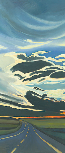 The painting Alberta Late Night by Chris Stoffel Overvoorde is part of a series of dramatic landscapes painted on the Alberta prairie. The paintings feature the endless highways and vast skies of the Alberta landscape.