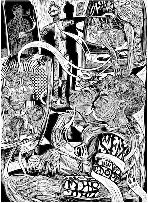 The Prodigal Son Appetite: Haloo, a linocut print by Steve Prince from The Prodigal Trilogy | For Sale from Eyekons Gallery The linoleum print The Prodigal Appetite: Haloo, by African American artist Steve Prince is the first image in the Steve Prince Prodigal Son Trilogy. The linocut shows the Prodigal Son having left home becoming immersed in the sins of popular culture. The parable has been re-contextualized into a funky, hip-hop, New Orleans theme. The wood cut - linocut print The Prodigal Appetite: Haloo by New Orleans artist Steve Prince is for sale from Eyekons Gallery, a source for creative, contemporary Christian art.