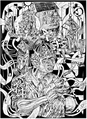 The Prodigal Journey: Exit Wounds, a linocut print by Steve Prince from The Prodigal Trilogy | For Sale from Eyekons Gallery The linoleum print The Prodigal Journey: Exit Wounds, by African American artist Steve Prince is the second image in the Steve Prince Prodigal Son Trilogy The linocut shows the Prodigal Son consumed and imprisoned by his sins and wrongdoings. His abuse of sex, drugs and alcohol has destroyed his life. The wood cut - linocut print The Prodigal Journey: Exit Wounds by Steve Prince is for sale from Eyekons Gallery, a source for creative, original Christian art.