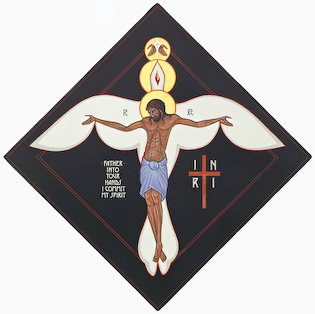 The icon Death of Jesus by Nicholas Markell portrays Jesus on the cross of Calvary speaking his last dying words, "Father, into your hands I commit my spirit," as written in Luke 23:46.