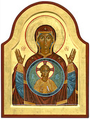 The icon Our Lady of the Sign by Nicholas Markell is available as a stock image for churches from Eyekons Church Image Bank. Our Lady of the Sign by Nicholas Markell presents the Mother of God with her hands raised in the orans position, with the image of the Child Jesus depicted within a round aureole upon her breast. 