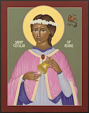 The icon of Saint Cecelia by Nicholas Markell is available as a stock image from Eyekons Stock Image Bank and Church Stock Image Bank. The icon of Saint Cecelia by Nicholas Markell portrays the patron saint of musicians and poets ringing a bell with a bird singing over her shoulder. 