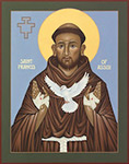 The icon of Saint Francis of Assisi by Nicholas Markell is available as a stock image from Eyekons Stock Image Bank and Church Image Bank. The icon portrays St. Francis with the stigmata on his open, bandaged hands releasing a dove in flight. 