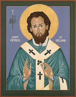 The icon of Saint Patrick by Nicholas Markell portrays St. Patrick, the patron saint of Ireland, with a shamrock in his hand and a snake and scepter over his shoulder. Its a serene portrait of St. Patrick who was a missionary to Ireland and now one of the most recognized saints in the world.