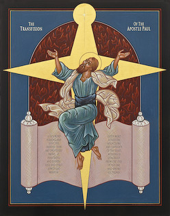 The icon of Saint Pauls Transfixion by Nicholas Markell is a powerful portrayal of the conversion of St. Paul as told in Acts 9: 1-19 and Acts 22: 1-21.