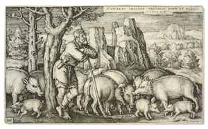 The Prodigal Son Reduced to a Swinehead, an etching by Hans Sebald Beham | The The Larry & Mary Gerbens Collection of Art Inspired by the Prodigal Son The etching The Prodigal Son Reduced to a Swinehead, by Hans Sebald Beham is part of The Larry & Mary Gerbens Collection of Art inspired by the parable of the Prodigal Son. The Hans Sebald Beham etching The Prodigal Son Reduced to a Swinehead, is featured in the book The Father & His Two Sons - The Art of Forgiveness