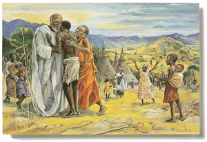 The Prodigal Son, a postcard by Jesus Mafa | The The Larry & Mary Gerbens Collection of Art Inspired by the Prodigal Son The postcard The Prodigal Son, by Jesus Mafa is part of The Larry & Mary Gerbens Collection of Art inspired by the parable of the Prodigal Son. The Jesus Mafa postcard The Prodigal Son, is featured in the book The Father & His Two Sons - The Art of Forgiveness
