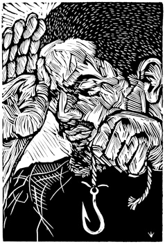 Fishin in Michigan, a linocut - woodcut print by New Orleans artist Steve Prince