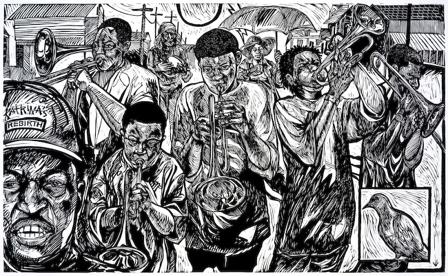 "Second Line," a linocut - woodcut print by New Orleans artist Steve Prince