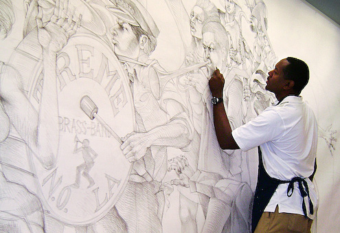 Steve Prince, artist, linocuts, graphite drawings. Participating in ArtPrize 2012 with Bird in Hand - Second Line for Michigan at Westminster Church, 47 Jefferson