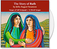 The Story of Ruth CD is a collection of images from the Story of Ruth serigraph by John August Swanson. The CD contains a full image and 12 detail images of the John Swanson serigraph Story of Ruth and is offered to churches for bulletin covers, sermon illustrations, Powerpoint images and Bible study. The Story of Ruth CD Collection by John Swanson creatively illustrates the story from the Book of Ruth of Naomi and Ruth and their journey from death and loss to hope and renewal. 