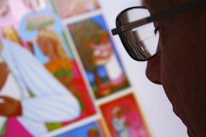 John August Swanson examining serigraph proof of Madonna of the Harvest John August Swanson examining serigraph proof of Madonna of the Harvest
