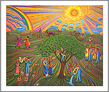John August Swansons Festival of Lights poster is available for sale from the Eyekons Gallery at www.eyekons.com. 
			     The poster of Festival of Lights is a powerful image portraying an endless procession of children carrying candles. 
			     They come from the far distant rolling hills, marching forward, bringing light and peace to the world. The glowing procession, 
			     set amidst the lush, green hills under the starry sky, combine to form a mythical image of great power and beauty.  
			     John writes, "This is a procession of children from every city and town. They gather together from many places, joining an 
			     unending procession towards peace and nonviolence for all children of the world." The poster of John August Swansons Festival 
			     of Lights is available for sale in the Eyekons Gallery at www.eyekons.com. Eyekons Gallery offers John Swansons most popular 
			     images as affordable posters. 