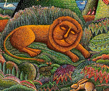 Psalm 23, detail of lion laying down with the lamb, by serigraph artist John August Swanson