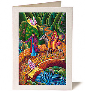 Escape to Egypt Christmas Card 1 - by John Swanson - a detail from his serigraph Flight into Egypt about the Escape from Bethlehem as told in Matthew 2:13-18 John August Swanson Escape to Egypt Christmas Card, a detail from his serigraph Flight into Egypt inspired by Mary, Joseph & Jesus Escape to Eygpt as told in Matthew 2:13-18