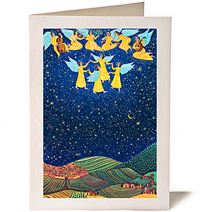 Peace on Earth Christmas Card - by John Swanson - a detail from his serigraph Nativity inspired by the Birth of Jesus as told in Matthew 1 and Luke 2 John August Swanson Christmas Card Peace on Earth of a detail from his serigraph Nativity inspired by the Birth of Jesus as told in Matthew 1:18-25 and Luke 2:1-20.