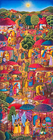 The serigraph A Visit, one of John Swanson’s greatest works, has long been out of print. A Visit visually tells the story of The Annunciation when the angel Gabriel visits Mary to announce the coming birth of Jesus. A Visit shows how the Incarnation is borne out amidst a tapestry of everyday life and illustrates how our story commingles with the story of God coming to earth and bringing forth new life. This rare and out of print John Swanson serigraph is available for sale through Eyekons Gallery.