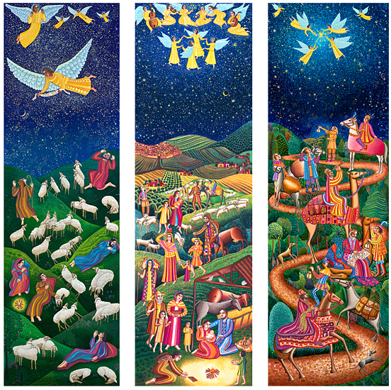Advent Triptych by John August Swanson featuring his 3 famous Advent artworks - Shepherds, Nativity and Epiphany. The serigraphs beautifully illustrate the Christmas story in John Swanson’s visual narrative style showcasing the Adoration of the Shepherds, the Nativity in Bethlehem and the Journey of the Magi. These rare and long out of print John Swanson serigraphs are available for sale through Eyekons Gallery.