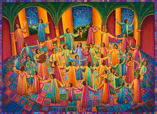 The John August Swanson serigraph "Celebration" is for sale from Eyekons Gallery. "Celebration" is a joyful portrayal of people gathering in a circular dance, united in praise and worship. Inspired by the ethnic dances of the world, the serigraph reflects John Swansons love of communal gatherings and shared celebrations. Eyekons is a source for Christian art, religious art, biblical art and church images.