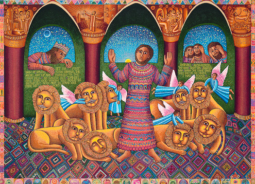The John August Swansons serigraph "Daniel" is for sale from Eyekons Gallery. The serigraph portrays the story of Daniel in the Lions Den from Daniel 6. Daniel is sentenced to a terrifying death, yet he stands peacefully in the midst of the wild lions. John Swanson writes, "Daniel is an optimistic story where good wins and hope is kept alive. Despite seemingly impossible situations, by keeping our faith alive we can survive our "lions den." Eyekons Gallery is a resource for Christian art, religious art, biblical art and church images.