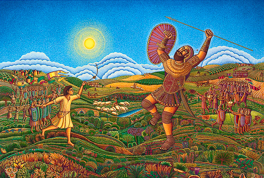 "David and Goliath," a serigraph by John August Swanson from Eyekons Gallery The serigraph "David and Goliath" by John August Swanson is for sale from Eyekons Gallery. The serigraph "David and Goliath" by John Swanson show the young shepherd David slaying the Philistine giant Goliath as told in 1 Samuel 17. John Swanson sees it "as a story that gives us strength to react against seemingly overwhelming forces. I believe this story continues today in the lives of people who speak out against those who would conquer. They empower us with their courage." Eyekons is a source for Christian art, religious art, biblical art and church art.