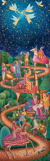 "Epiphany," a serigraph by John August Swanson for sale from Eyekons Gallery The serigraph "Epiphany" by John August Swanson is for sale from Eyekons Gallery. The John Swanson serigraph "Epiphany" shows the Adoration of the Magi as written in Matthew 2:1-12. "Epiphany" is a beautiful portrayal of the three wise men from the East who followed the star of Bethlehem to find and pay homage to the new king of the Jews. "Epiphany" is a wonderful church image for Christmas and Advent.