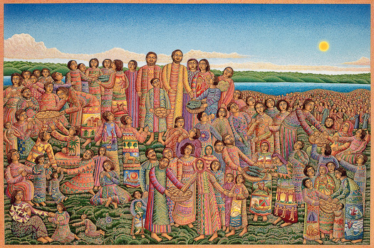 The John August Swanson serigraph "Loaves and Fishes" is for sale from Eyekons Gallery. The serigraph "Loaves and Fishes" by John Swanson portrays the miracle of Jesus Feeding the Five Thousand. Jesus gives thanks for 5 loaves and 2 fish - the food multiplies and all are fed. "Loaves and Fishes" remind us of the basic needs we all share - to provide food for our families. We need to remember to share the gifts God has given us." Eyekons is a source for Christian art, religious art, biblical art and church art.