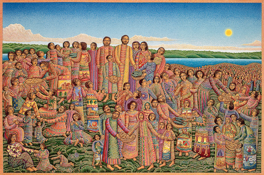 "Loaves and Fishes," a serigraph by John August Swanson for sale from Eyekons Gallery The John August Swanson serigraph "Loaves and Fishes" is for sale from Eyekons Gallery. The serigraph "Loaves and Fishes" by John Swanson portrays the miracle of Jesus Feeding the Five Thousand. Jesus gives thanks for 5 loaves and 2 fish - the food multiplies and all are fed. "Loaves and Fishes" remind us of the basic needs we all share - to provide food for our families. We need to remember to share the gifts God has given us." Eyekons is a source for Christian art, religious art, biblical art and church art.