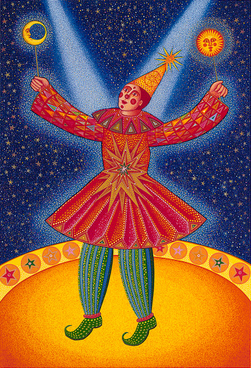 The John August Swanson serigraph "Star Clown" is for sale from Eyekons Gallery. The serigraph "Star Clown" by John Swanson portrays a magical jester showered in twin beams of light. John Swanson writes, "This clown is our shaman, innocent and filled with bliss. Like the artist, he stands between the dualities of this world. He straddles the Earth and the heavens - as a true healer, a channel of energy from the divine." Eyekons is a source for Christian art, religious art, biblical art and church art.