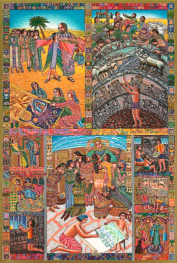 "Story of Joseph," a serigraph by John August Swanson for sale from Eyekons Gallery The John August Swanson serigraph "Story of Joseph" is for sale from Eyekons Gallery. The serigraph by John Swanson of the "Story of Joseph" illustrates the long journey of Josephs life as told in Genesis 37-50. John Swanson writes, "The story moves me in understanding our journey in life. Like us, Joseph had so much to learn, but had to suffer to gain wisdom and find his place in Gods plan." Eyekons is a source for Christian art, religious art, biblical art and church art.