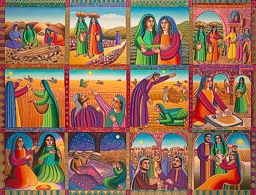 The John August Swanson serigraph "Story of Ruth" is available for sale in the Eyekons Gallery. The serigraph of the Story of Ruth by John Swanson tells the Old Testament saga of Ruth and her mother-in-law Naomi. John writes, "The Book of Ruth is a beautiful, ancient narrative. Yet as a story about immigrants and refugees it is contemporary in its content. It teaches us about compassion, tolerance, commitment, generosity, the feminine, respect and love." Eyekons is a source for Christian art, religious art, biblical art and church art.