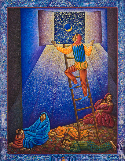 "Jester" by John August Swanson is for sale from Eyekons Gallery. The John Swanson serigraph "Jester" is inspired by his love of the circus and the clowns, jesters and fools. As John reflects, "God has chosen what the world holds foolish so as to embarrass the wise. The theme of "Jester" developed from my paintings of the "Dream of Jacob". I wanted to give the feelings of dreams and imagination a visual form and show them as the inner creative source of our lives." Eyekons is a source of Christian art, religious art, biblical art and church art.
