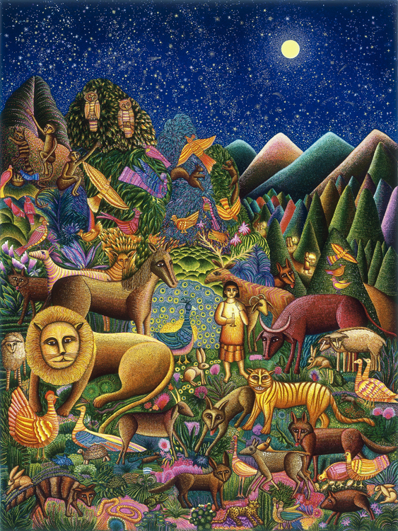 The Peaceable Kingdom serigraph by John August Swanson, created in 1994, has been out of print for decades. This rare and long out of print John Swanson serigraph is available for sale through the Eyekons Gallery. The serigraph illustrates the passage from Isaiah 11:6-8 “The wolf shall live with the lamb, the leopard shall lie down with the kid, the calf and the lion and the fatling together, and a little child shall lead them…” This idea of the world living together in Christian harmony is the central theme of John Swanson’s art.