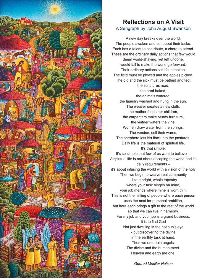 The serigraph A Visit, one of John Swanson’s greatest works, has long been out of print. A Visit visually tells the story of The Annunciation when the angel Gabriel visits Mary to announce the coming birth of Jesus. A Visit shows how the Incarnation is borne out amidst a tapestry of everyday life and illustrates how our story commingles with the story of God coming to earth and bringing forth new life. This rare and out of print John Swanson serigraph is available for sale through Eyekons Gallery.