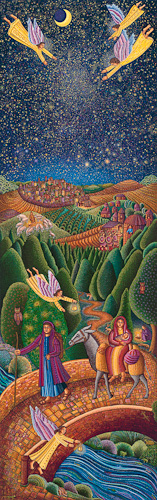 The serigraph "Flight Into Egypt" by John August Swanson is for sale from Eyekons Gallery. The John August Swanson serigraph "Flight into Egypt" tells the Advent story of the Holy Familys escape to Egypt to protect the baby Jesus as told in Mt 2:13-15. Warned in a dream of Herods determination to search for the child and kill him, Joseph, Mary and the infant Jesus flee to find refuge in Egypt. Eyekons Gallery is a source for Christian art, religious art, biblical art and church art.