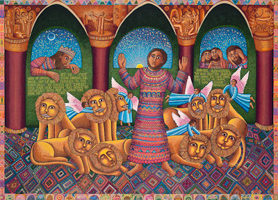 The John August Swansons serigraph "Daniel" is for sale from Eyekons Gallery. The serigraph portrays the story of Daniel in the Lions Den from Daniel 6. Daniel is sentenced to a terrifying death, yet he stands peacefully in the midst of the wild lions. John Swanson writes, "Daniel is an optimistic story where good wins and hope is kept alive. Despite seemingly impossible situations, by keeping our faith alive we can survive our "lions den." Eyekons Gallery is a resource for Christian art, religious art, biblical art and church images.
