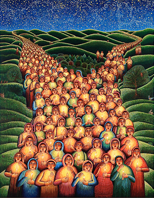 The John August Swanson serigraph "Festival of Lights" is for sale from Eyekons Gallery. The serigraph "Festival of Lights" by John Swanson is a powerful image portraying an endless procession of children all carrying candles. John writes, "This is a procession of children from every city and town. They gather together in an unending procession towards peace and nonviolence for all the children of the world." Eyekons is a source for Christian art, religious art, biblical art and church art.