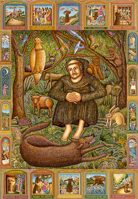 The serigraph "Francis and the Wolf" by John August Swanson is for sale from Eyekons Gallery. The John Swanson serigraph "Francis and the Wolf" portray St. Francis encircled by wild animals with the wolf lying at his feet. The ten bordering miniatures illustrate St. Francis life. The villagers of Gubbio, Italy came to Brother Francis for help with a wolf that had been killing their livestock. Francis went into the woods asking the wolf to live in peace and the wolf agreed. Eyekons is a source for Christian art, religious art, biblical art and church art.