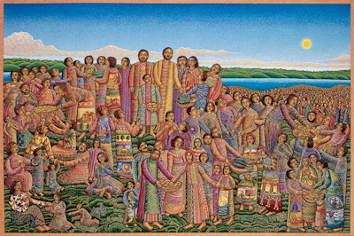 The John August Swanson serigraph "Loaves and Fishes" is for sale from Eyekons Gallery. The serigraph "Loaves and Fishes" by John Swanson portrays the miracle of Jesus Feeding the Five Thousand. Jesus gives thanks for 5 loaves and 2 fish - the food multiplies and all are fed. "Loaves and Fishes" remind us of the basic needs we all share - to provide food for our families. We need to remember to share the gifts God has given us." Eyekons is a source for Christian art, religious art, biblical art and church art.