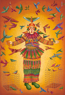 The John August Swanson serigraph "Papageno" is for sale from Eyekons Gallery. The serigraph "Papageno" by John Swanson portrays the clown from Mozarts opera The Magic Flute. Joan Prefontaine writes, "Papageno" is a guileless bird-catcher with many foibles. His many weaknesses cause us to identify with him. "Papageno" is a clown of liberation, someone who frees our captured spirit-birds into worlds of greater promise." Eyekons is a source for Christian art, religious art, biblical art and church art.