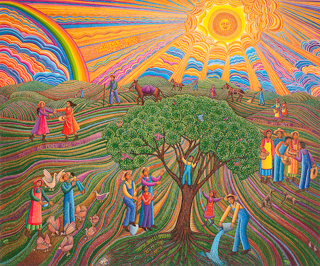 John August Swansons serigraph of "Psalm 85" is available for sale in the Eyekons Gallery. The John August Swanson serigraph "Psalm 85" illustrates the hope and the promise God extolled in the psalm: "Justice and Peace shall kiss, Truth shall spring out of the earth. Kindness and Truth shall meet, Justice shall look down from the heavens." John writes, "To read these words, leads us from reverence to restoration and refreshes our spirit." Eyekons is a source for Christian art, religious art, biblical art and church art.