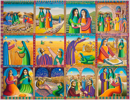 The John August Swanson serigraph "Story of Ruth" is available for sale in the Eyekons Gallery. The serigraph of the Story of Ruth by John Swanson tells the Old Testament saga of Ruth and her mother-in-law Naomi. John writes, "The Book of Ruth is a beautiful, ancient narrative. Yet as a story about immigrants and refugees it is contemporary in its content. It teaches us about compassion, tolerance, commitment, generosity, the feminine, respect and love." Eyekons is a source for Christian art, religious art, biblical art and church art.