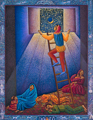 The serigraph "Jester" by John August Swanson is for sale from Eyekons Gallery. The John Swanson serigraph "Jester" is inspired by his love of the circus and the clowns, jesters and fools. As John reflects, "God has chosen what the world holds foolish so as to embarrass the wise. The theme of "Jester" developed from my paintings of the "Dream of Jacob". I wanted to give the feelings of dreams and imagination a visual form and show them as the inner creative source of our lives." Eyekons is a source of Christian art, religious art, biblical art and church art.
