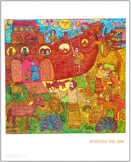 John August Swanson's Poster Building The Ark, for sale at Eyekons Online Gallery The poster of Building The Ark by John August Swanson portrays the story of Noah building the ark and filling it with pairs of animals as told in Genesis 6 and 7. The John Swanson poster of Building the Ark is for sale from Eyekons Gallery, www.eyekons.com.