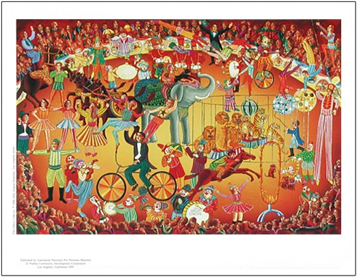 The poster Great Circus by John August Swanson is for sale from Eyekons Gallery. John Swanson presents a colorful portrayal of the magical events that fill the center ring of the Great Circus. 